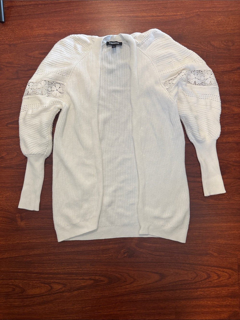 Express Cream Open Front Balloon Sleeve Cardigan With Eyelet Detail - Size XS